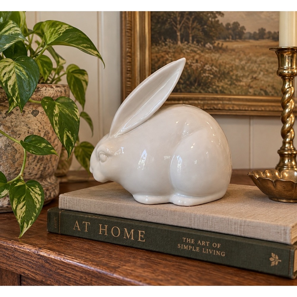 White Ceramic Bunny Rabbit Piggy Bank – Farmhouse Cottagecore Decor